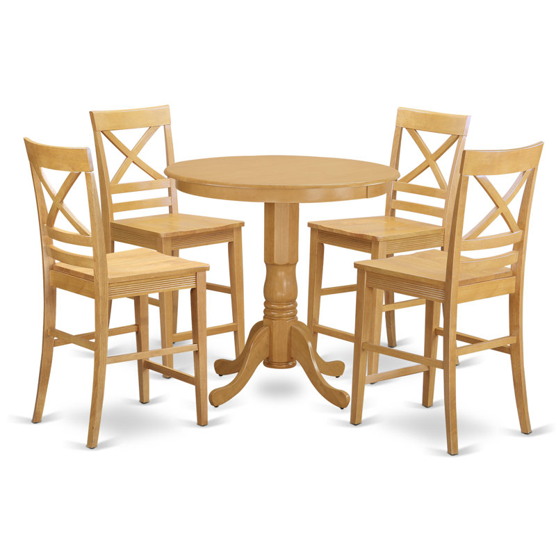 5 Piece Counter Height Dining Table Set Includes a Round Wooden Table with Pedestal and 4 Kitchen Dining Chairs, Oak, Oak