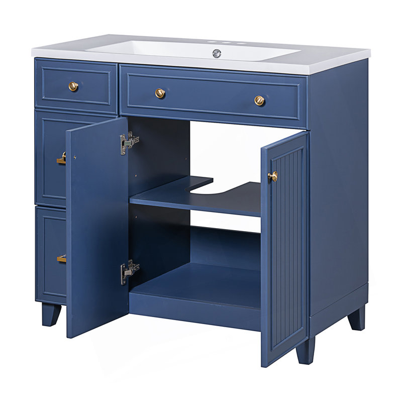 Meuble-lavabo moderne, armoire de salle de bain avec lavabo en résine, armoire de salle de bain simple avec 2 tiroirs et 1 tablette de rangement réglable, 2 portes à fermeture en douceur