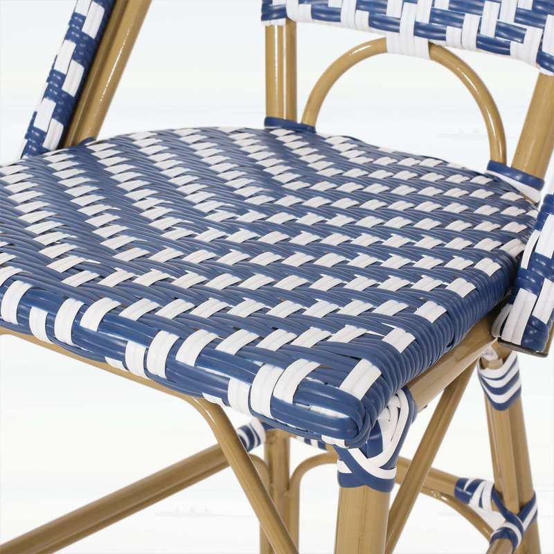 Ensemble de 2 tabourets de bar d'extérieur en rotin PE, bleu marine et blanc, structure en aluminium avec finition en bambou