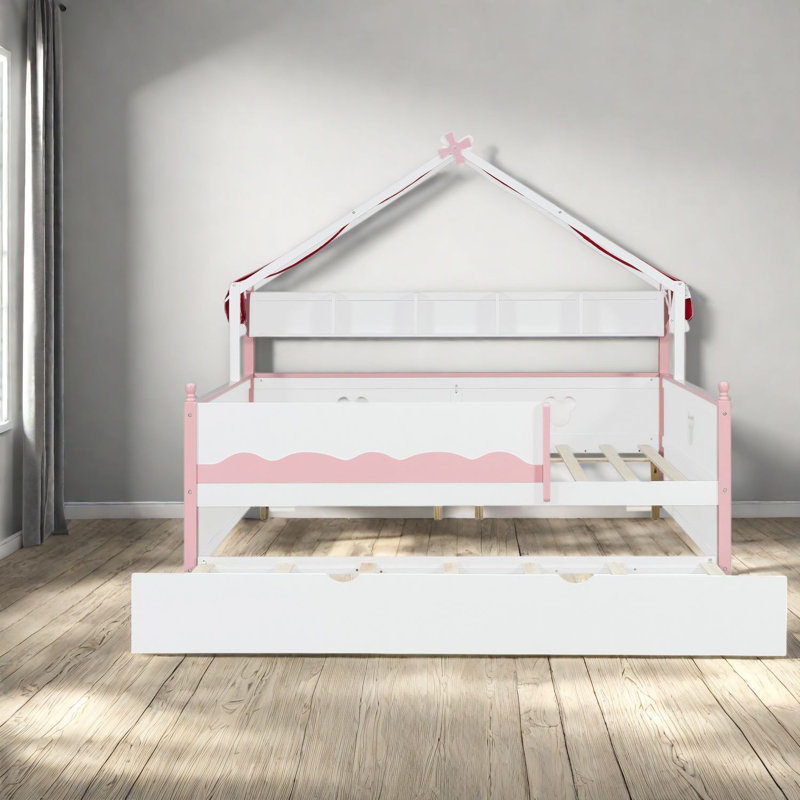 Lits en forme de maison avec rangement, lit de jour double en bois aggloméré massif, rose blanc pour enfants, Blanc