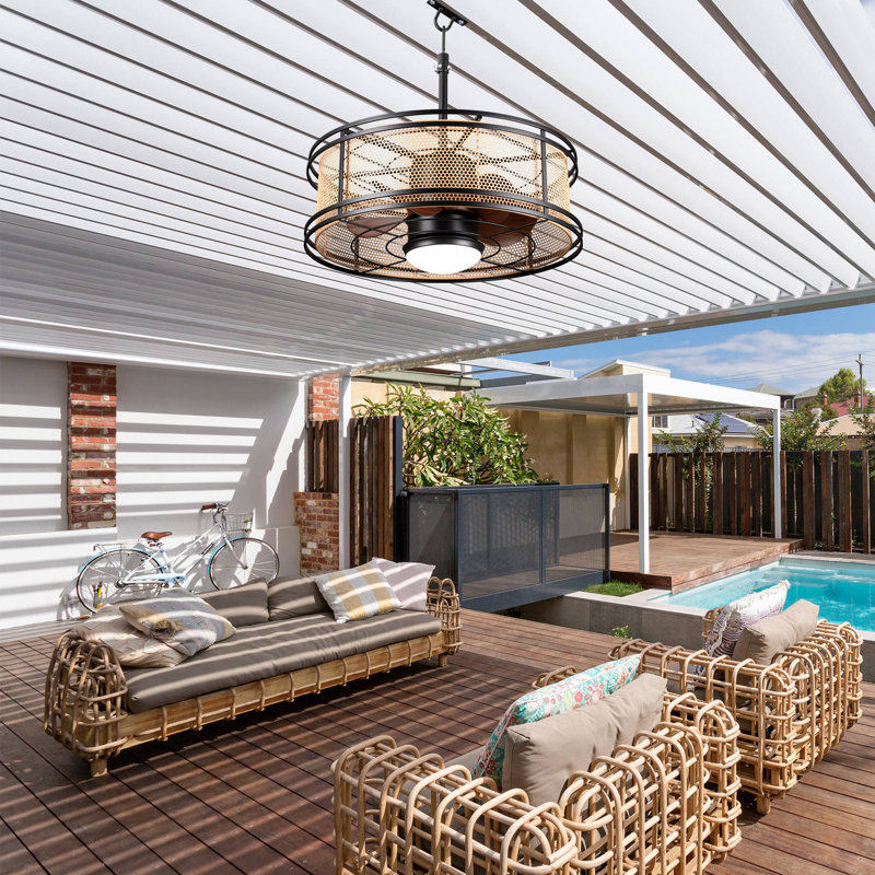 23" Outdoor Plug-in Ceiling Fan with Dimmable LED Light and Remote, WaterProof Fan Light for Patio 