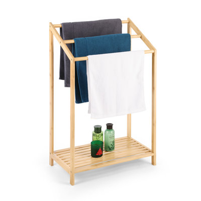 Porte-serviettes en bambou à 3 niveaux pour la salle de bain, serviette de plage autoportante avec tablette de rangement, support de piscine avec organisateur inférieur pour le bain, serviette à main, buanderie