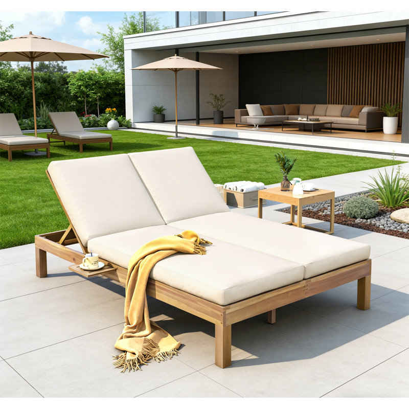 5-Position Adjustable Backrest Double Chaise Lounge Outdoor, Light Teak