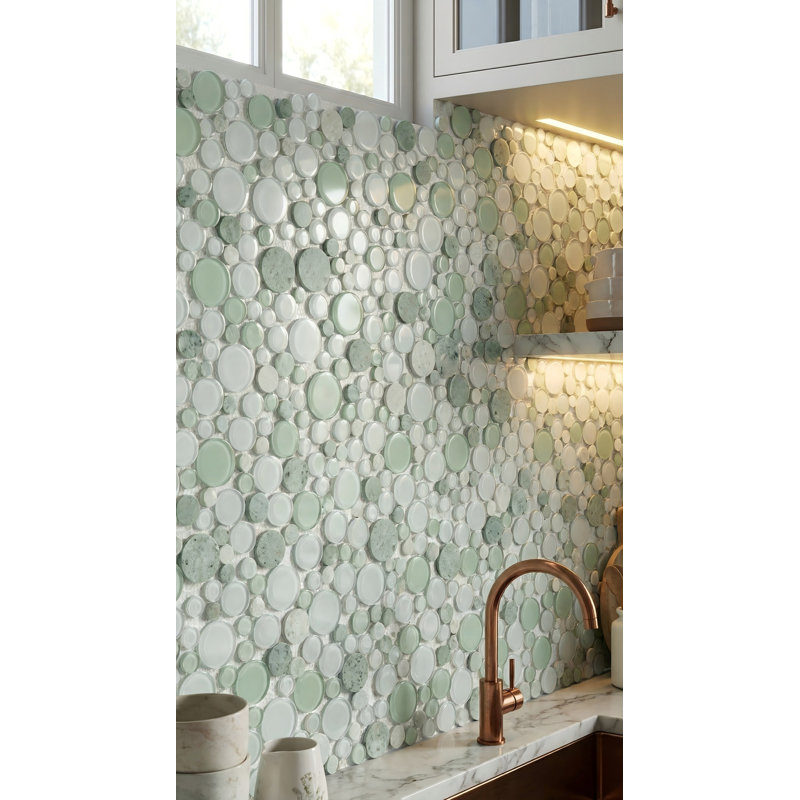 Carreau de mosaïque en verre et marbre rond vert et blanc pour dosseret de cuisine et mur de salle de bain