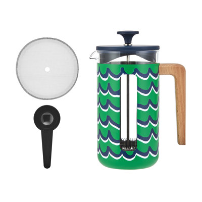 La Cafetière Pisa 8 Cup 1L Stainless Steel Cafetiere, Cyan Tides Heat Retaining French Press with Wooden Handle and Comfortable Push Plunger
