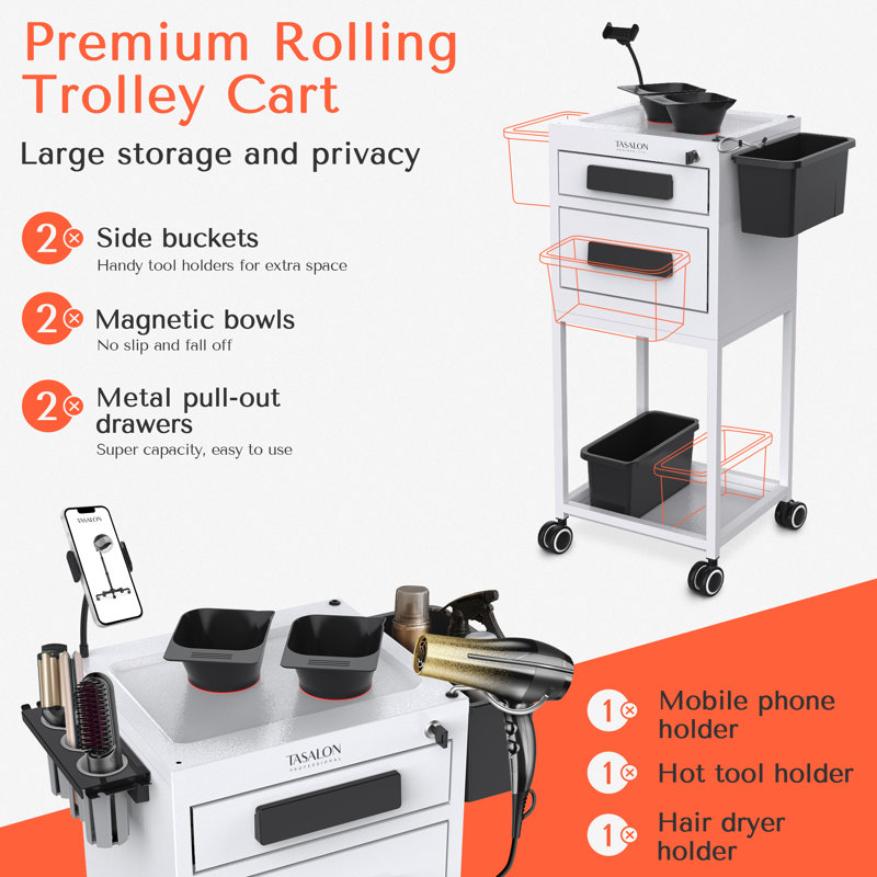 TASALON Multifunctional Utility Cart with Lockable Drawer, White