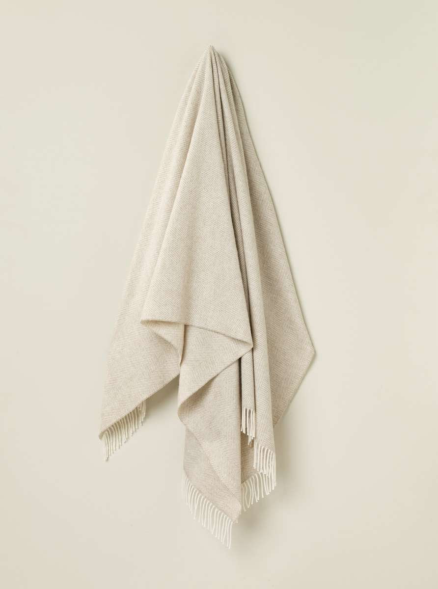 Merino Lambswool Throw/Blankets Hand Woven Blanket, Beige Herringbone