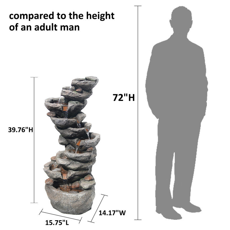 10-Tier Rock Cascading Water Fountain, 39.76 in Outdoor LED Water Feature for Garden, Patio, or Backyard Décor