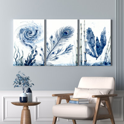 «Blue Watercolor Nature Elements», ensemble de 3 reproductions d'art sur toile tendues sur toile pour salon, chambre à coucher ou bureau