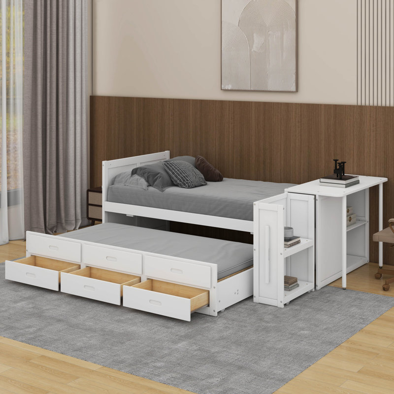 Lit plateforme simple en bois avec bureau et tablette de rangement, Blanc