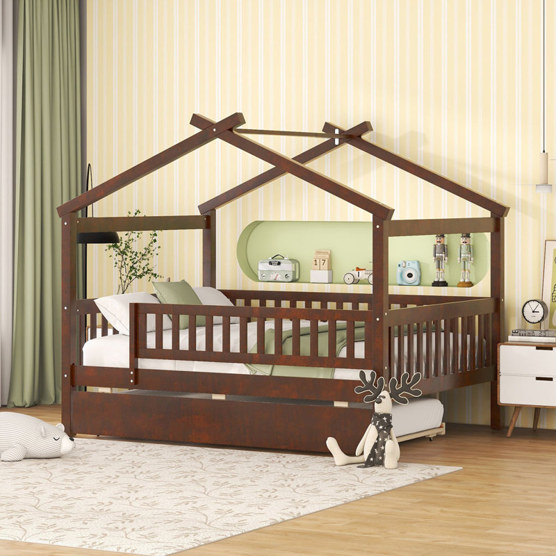 Zhayne Wooden House Bed with Trundle, Full, Walnut