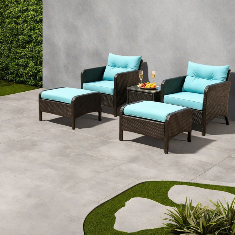 Canapés de patio modernes, ensemble compact en acier rotin 5 pièces pour patio