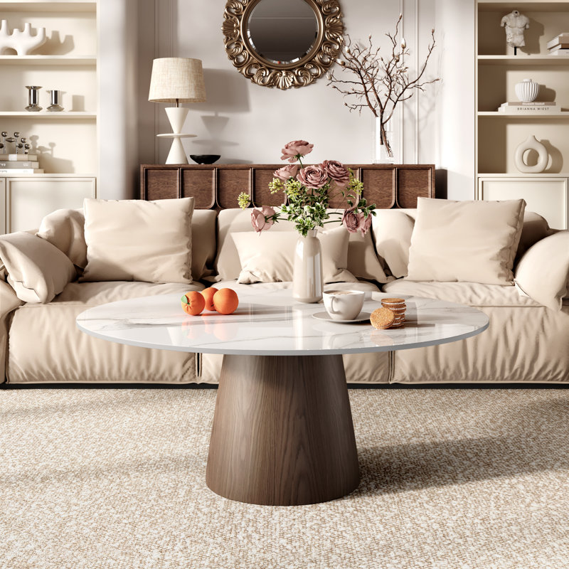 Table basse Mid-Century, H 17,2 po x l 42 po x P 42 po, Neige brillant / noyer foncé