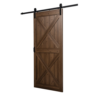 Porte de grange complète en panneaux à conception en X double avec finition en bois manufacturé avec quincaillerie d'installation