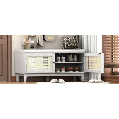 Bohème, banc de hall d'entrée, rangement, porte à chaussures rembourrée double, organisateur en bois, gris délavé, beige, 4 compartiments, 3 niveaux réglables, capacité de 200 lb avec coussin, rangement pour et