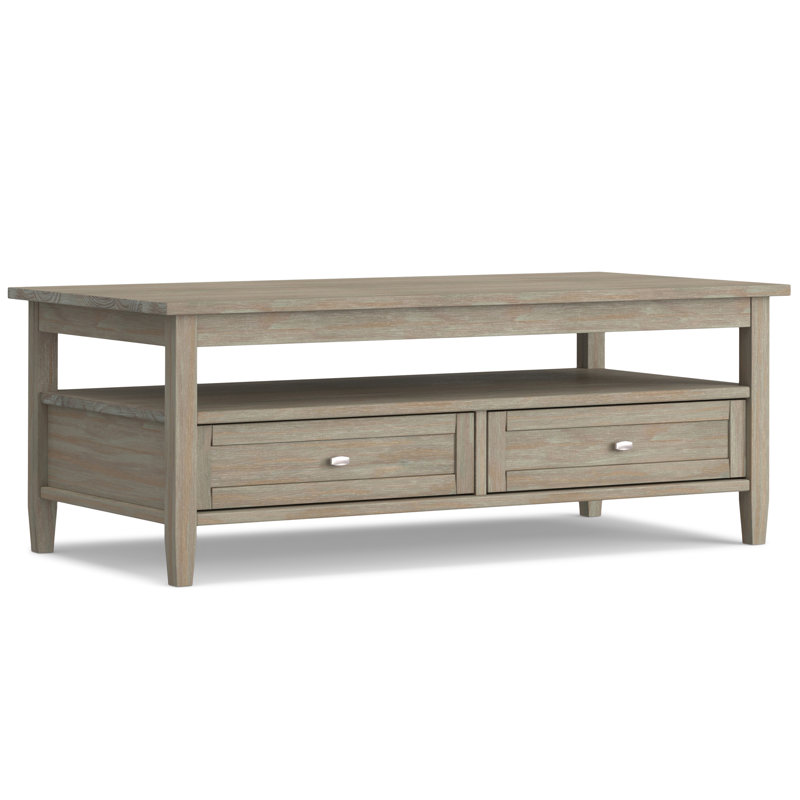 Warm Shaker 48"W Solid Wood Transitional Coffee Table with Storage Drawers and Open Shelf, Distressed Gray