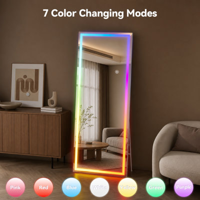 Miroir pleine grandeur à DEL Bluetooth RVB avec support - Miroir de plancher à fixation murale et autoportant à 7 couleurs réglables pour la chambre à coucher, le salon et le vestiaire