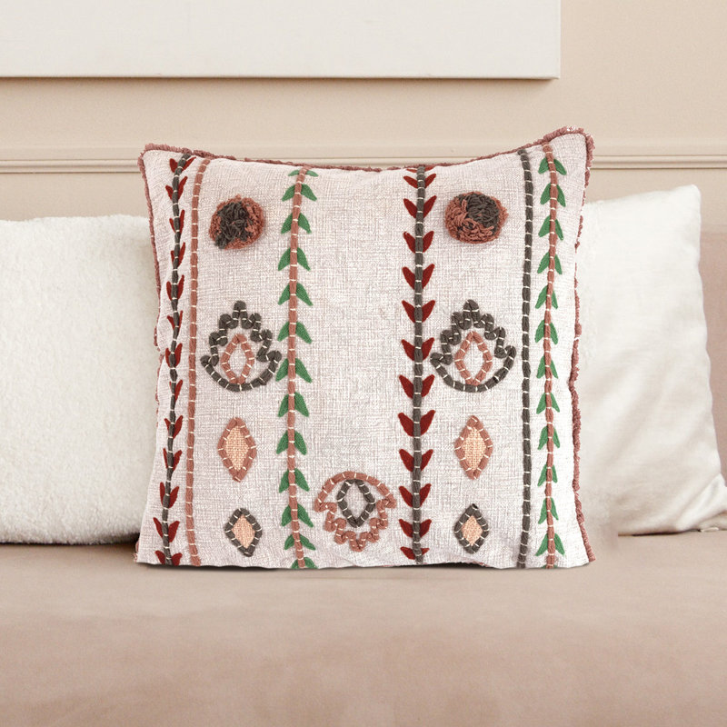 Multicolor Embroidered Cotton Throw Pillow with Fringe