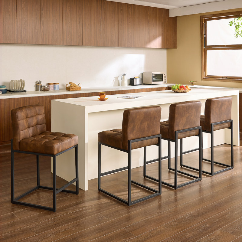 Modern Counter Height Bar Stools, 25 inch Checkered Wiring Thick Upholstered Barstools with Back Sturdy Metal Legs, Coffee Faux Leather Counter Stools for Kitchen Island(Set of 4)