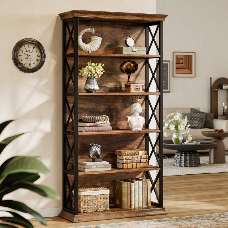 71" Tall Bookcase, 5-Shelf Freestanding Bookshelf For Home Office, Living Room, Rustic Brown/Black, 1