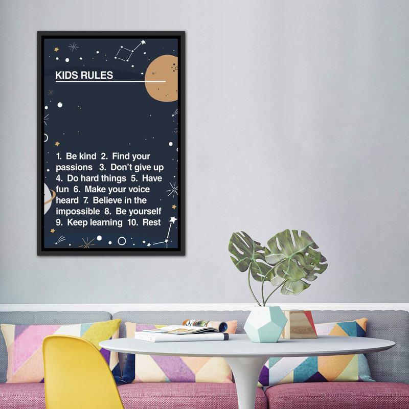 Kids Rules - impression d'art textuel, Pas de tapis, Toile avec cadre noir patiné, H 60 po x l 40po x P 1,5 po