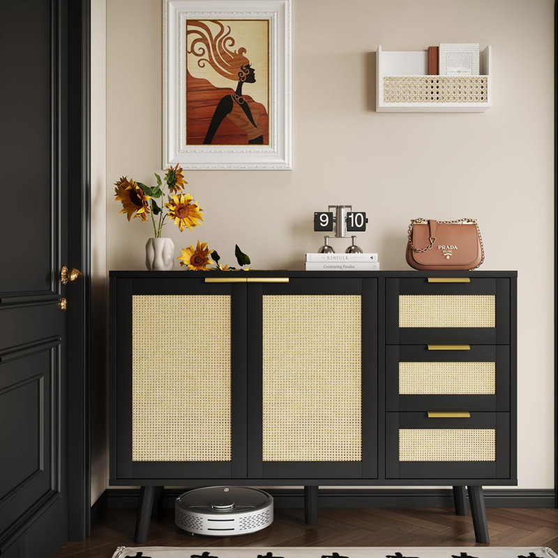 Buffet - Buffet de cuisine en rotin avec 2 portes et 3 tablettes, buffet avec rangement, buffet d'appoint en rotin pour cuisine, salle à manger, couloir, console