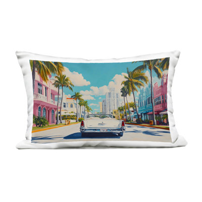 Classic Car in Tropical Town Outdoor Printed Pillow, design by Franklyn Gregory