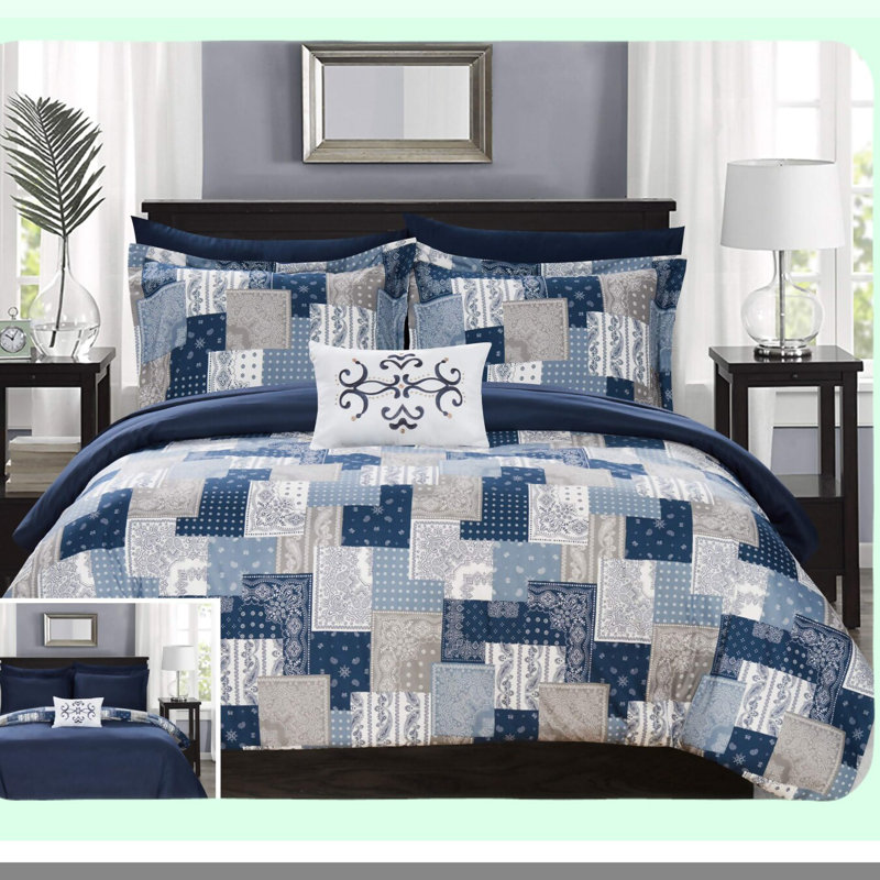 Bohemian Paisley Patchwork Comforter Set - 6 Piece Reversible Bed in a Bag with Sheet Set, Pillowcase, and Decorative Pillow Sham - Twin XL Size, Blue