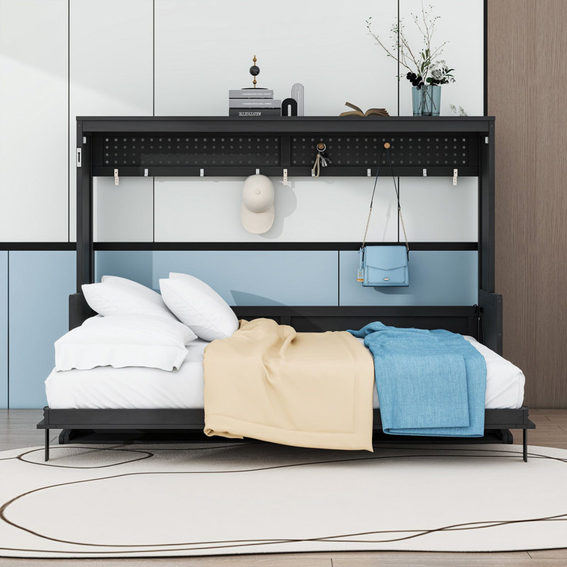 Lit escamotable en bois avec bureau intégré et station de charge USB, lumières DEL, Grand lit, Gris foncé