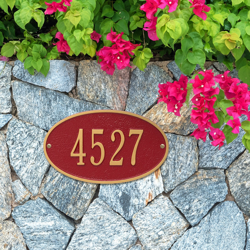 Plaque d'adresse murale ovale 1 ligne, Rouge / Or, Oui