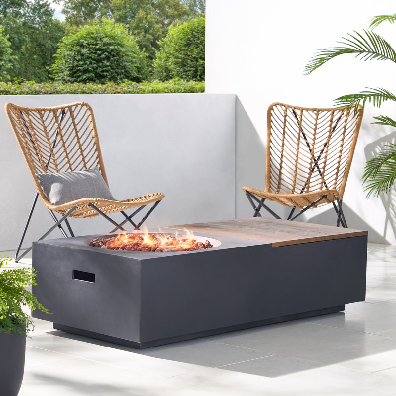 Table d'extérieur pour foyer d'extérieur en béton léger avec rangement multifonctionnel et plateau de table amovible gris foncé et brun naturel 50 000 BTU