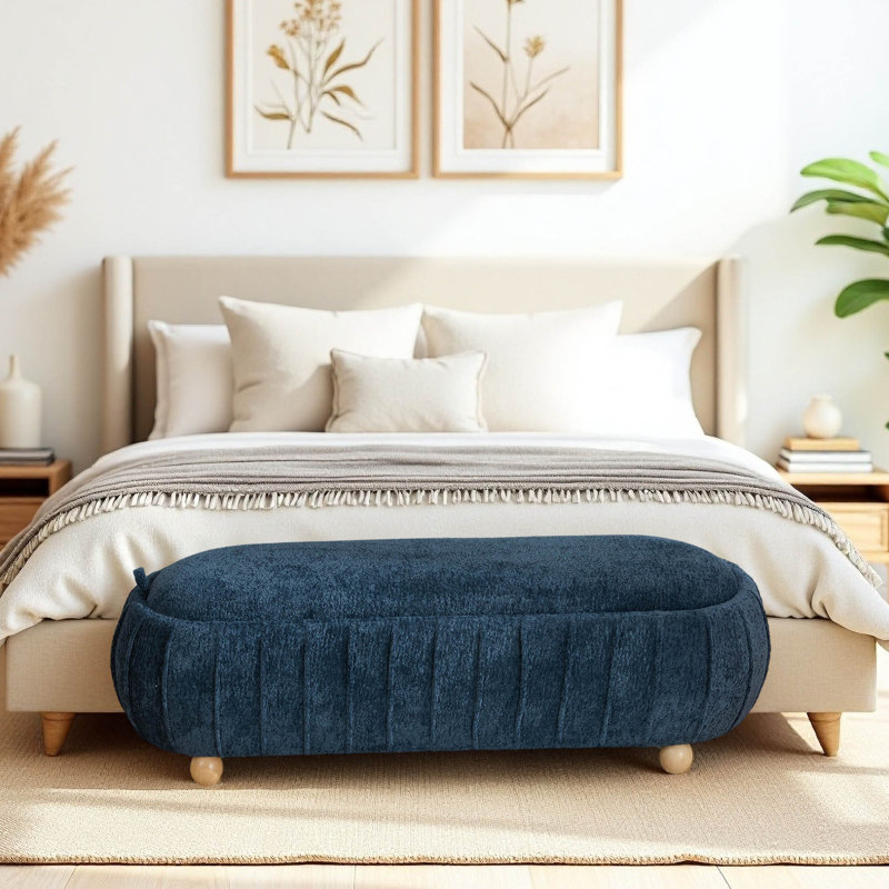 Banc d'appoint ovale rembourré de 55 pouces avec rangement, couvercle rabattable et pieds en bois massif, Blue