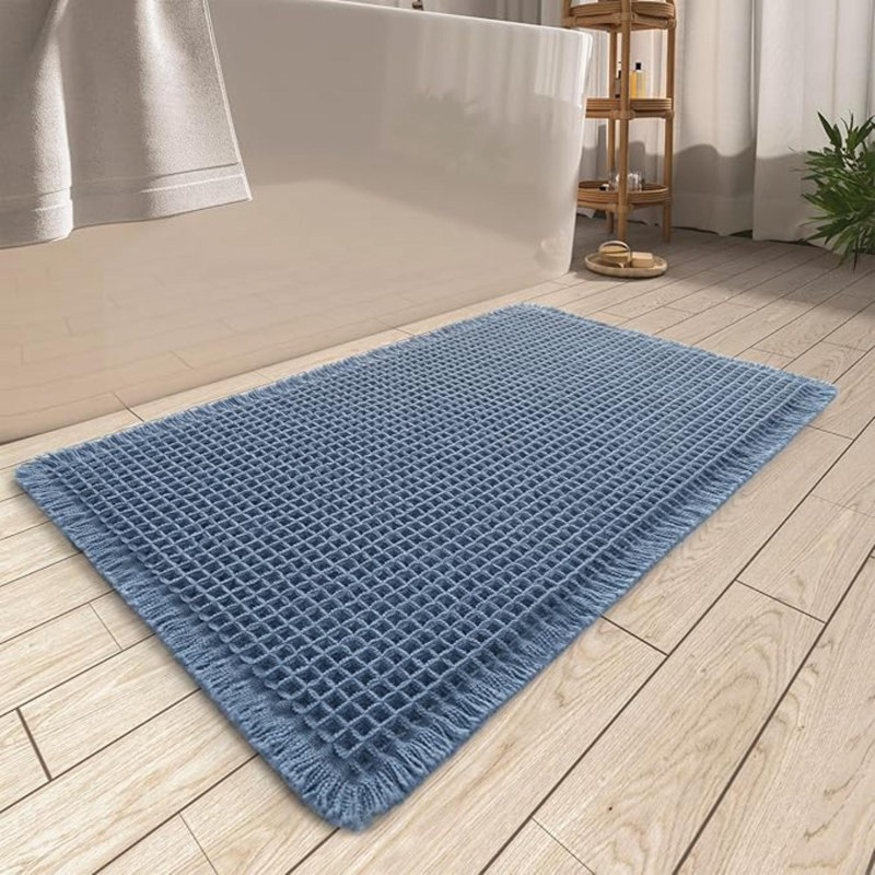 Upgraded Waffle Bath Mat, Super Absorbent Non Slip Bath Mats For Bathroom Floor, Machine Washable Bathroom Rugs With Tassels, Rubber Backed Bathroom Mats, Ultra Soft, 17" X 24"
