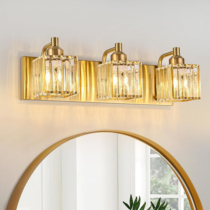 Éclairage pour salle de bain moderne en cristal doré avec abat-jour carré, luminaire mural à 3 lumières pour miroir, douille E26, à intensité variable, installation facile