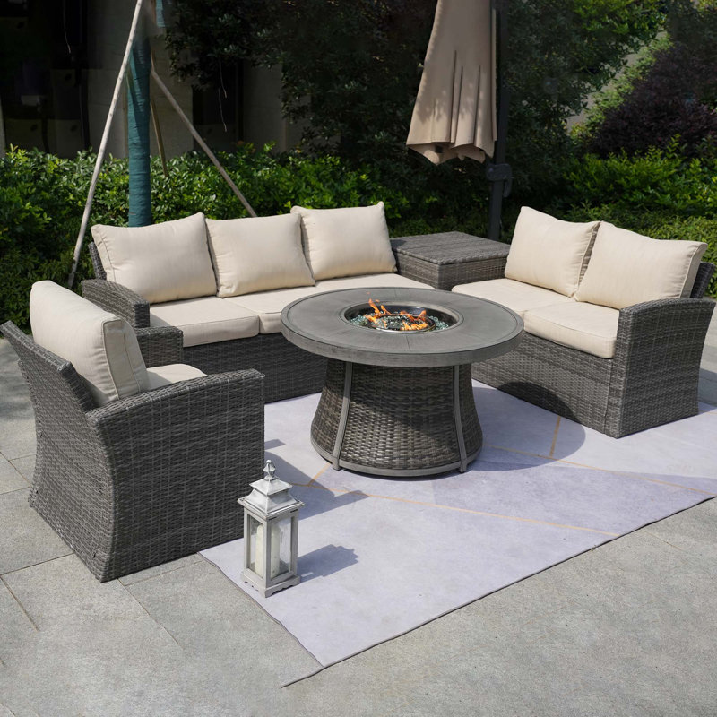 Lazaro 6 - Person Patio Conversation Set with Cushions, Beige, Gray