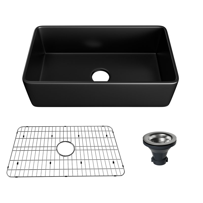 Pure Single Bowl Fireclay Farmhouse Kitchen Sink with Accessories, Black, 33''L x 18'' W x 10'' H