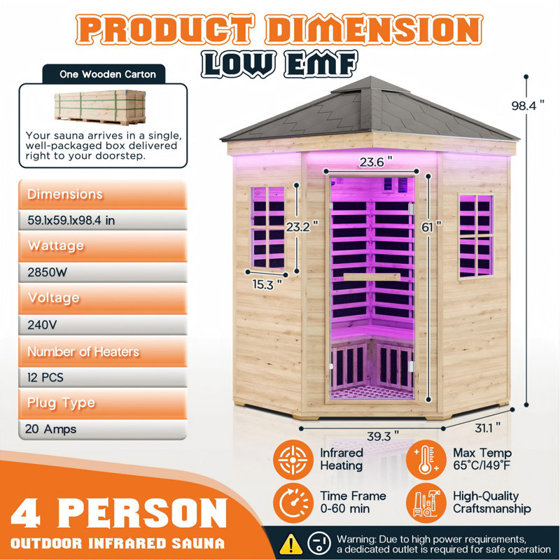 4-Person Spruce-Wood Infrared Dry Sauna With Low Emf, Tourmaline Stone Foot Heater, 7-Color Light Therapy & Dual Bluetooth Speakers (59.1″ × 59.1″ × 98.4″ / 2850 W/240 V)