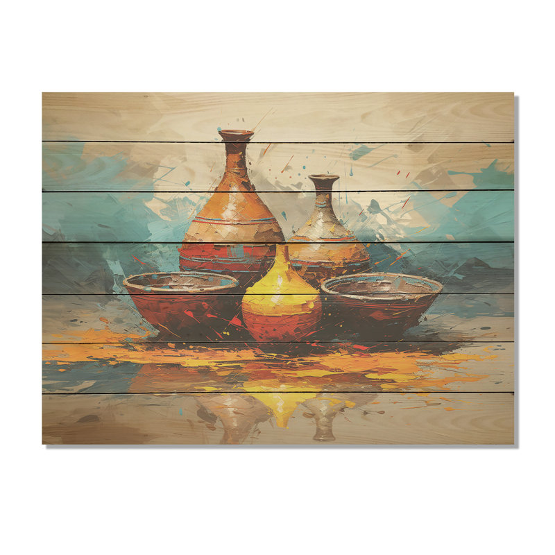 Motif de poterie jaune bohème - poterie bohème sur bois, H 24 po x l 32 po