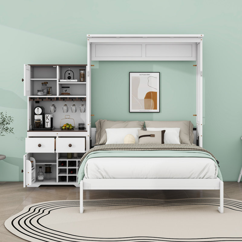 Queen Size Murphy Bed with Integrated Wine Rack and Smart Lighting, White