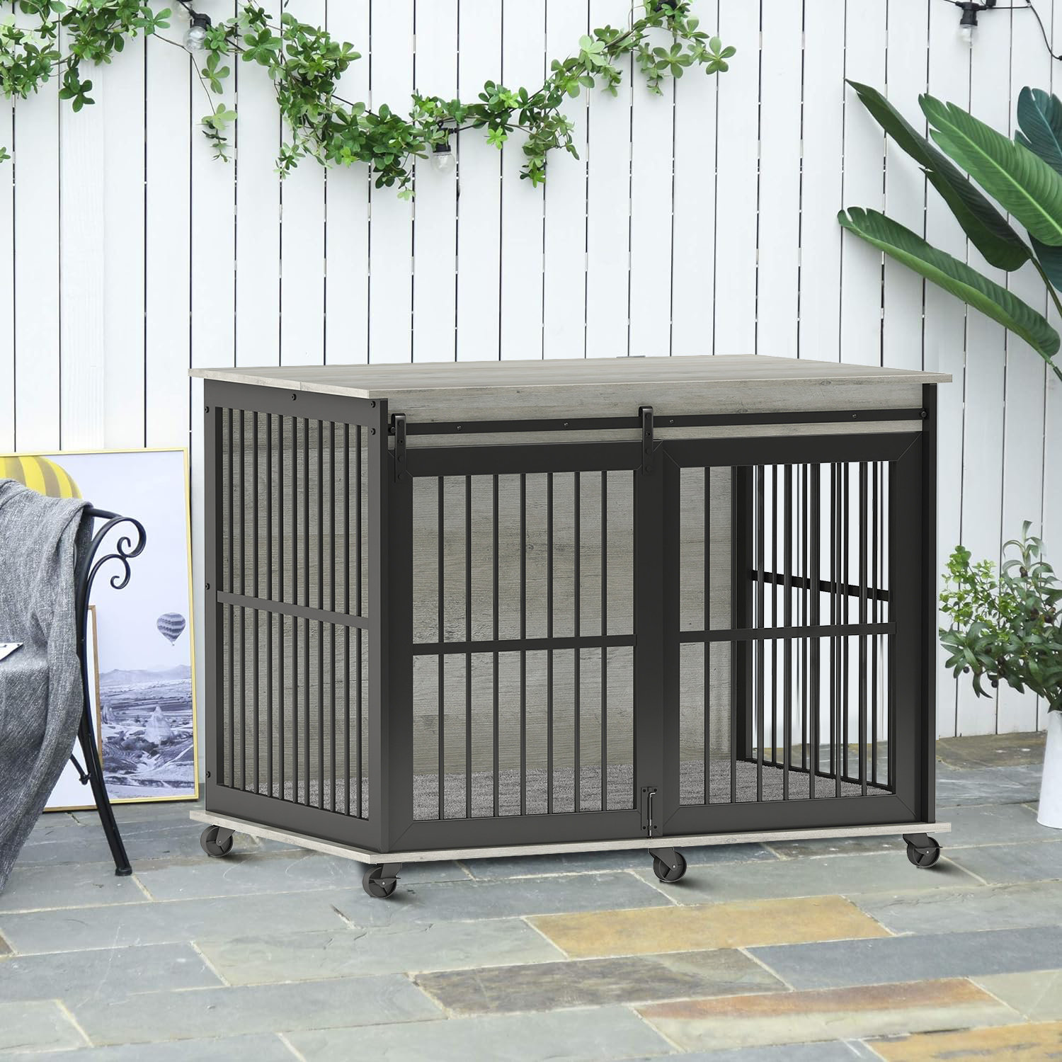 Picture of Tucker Murphy Pet™ Industrial Style Dog Crate With Wheels, Bottom With ...