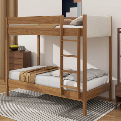 Twin Over Twin Bunk Bed With Fabric Headboard And Footboard Access Ladder
