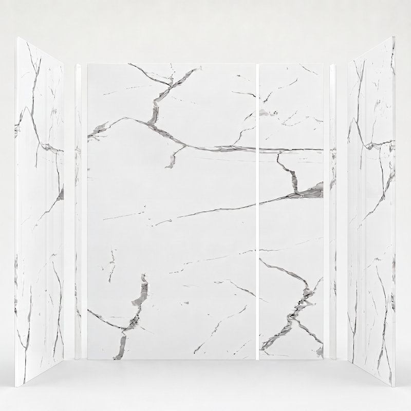 Titan Aluminum Composite 60" W x 48" D x 96" H 3-Piece Trimmable Shower Wall Panel Kit, White Caruso High Gloss
