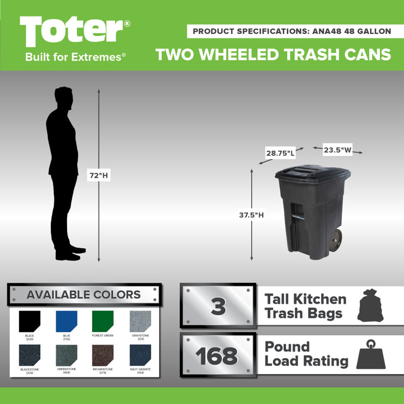 Trash Can With Smooth Wheels And Lid, Brown, 48 gal.