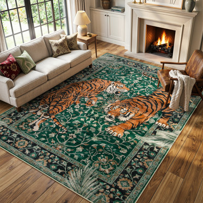 Goldene Vintage Tiger Deep Green Washable Area Rug - Soft Cashmere Carpet for Living Room, Bedroom, or Office