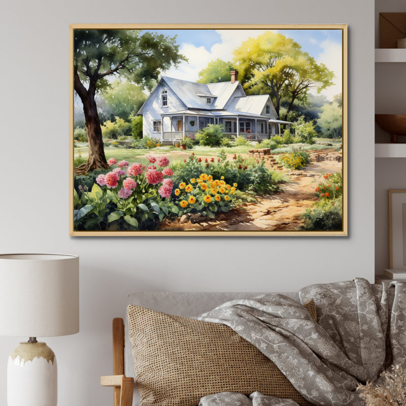 Farmhouse Frontyard Oasis I - Décoration murale de ferme, H 16 po x l 32 po x P 1 po, Cadre flottant érable