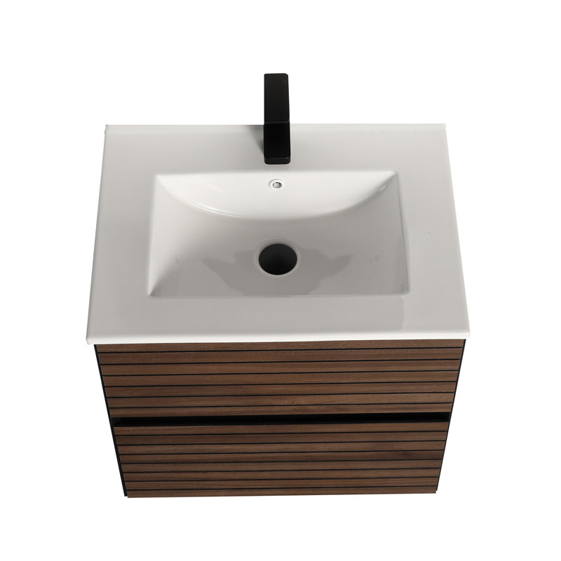 Meuble-lavabo flottant 24 po avec lavabo - armoire murale tout en bois avec tiroirs à fermeture en douceur, conception à dossier ouvert et plateau en céramique durable