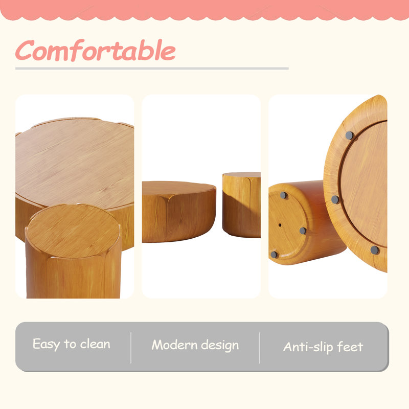 Ensemble de tables basses rondes pour l'intérieur et l'extérieur, ensemble de tables basses à grain de bois moderne, robuste, imperméable, sans assemblage pour table de patio, jardin et salon (ensemble de 2)