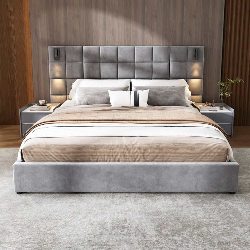 Lit moderne, lit tapissier, avec lampe de lecture et port USB, tête de lit large, sans tables de chevet et matelas, velours