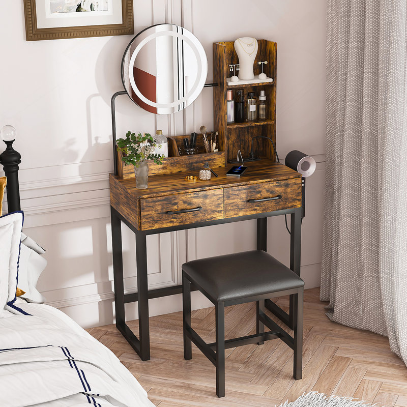 Makeup Vanity With LED Lights&3 Color And Power Outlet Makeup Vanity Table With 2 Big Drawers With Sturdy Metal Leg And Metal Chair ,Dressing Table For Bedroom
