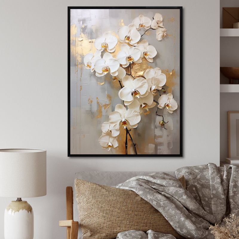 Minimalisme beige et orchidées dorées IV - impression sur toile encadrée orchidée, H 32 po x l 24 po x P 1 po